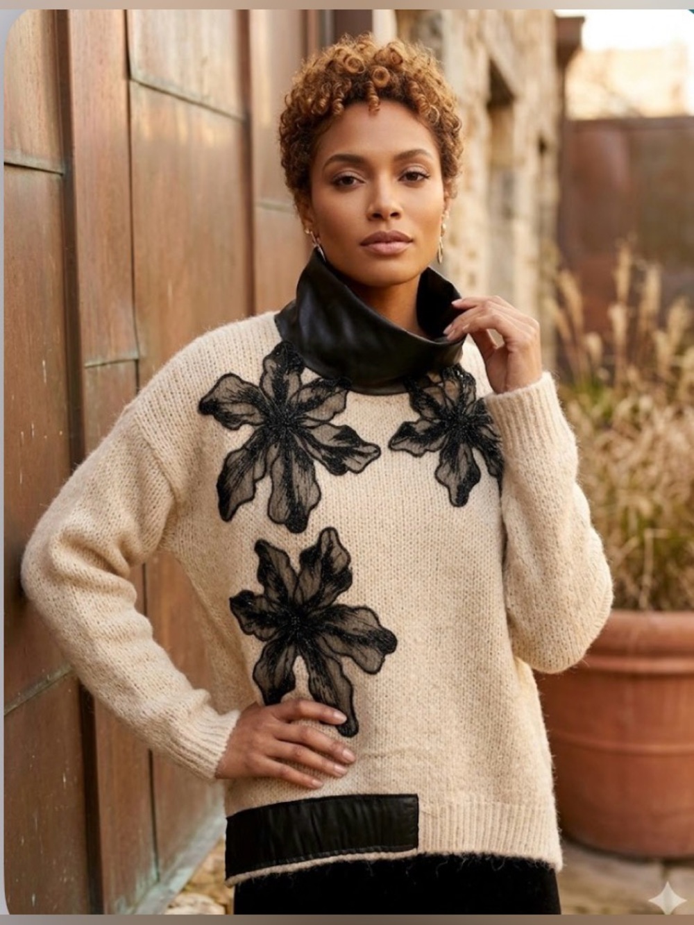 Cream Floral-Appliqué Crewneck Sweater with Black Trim